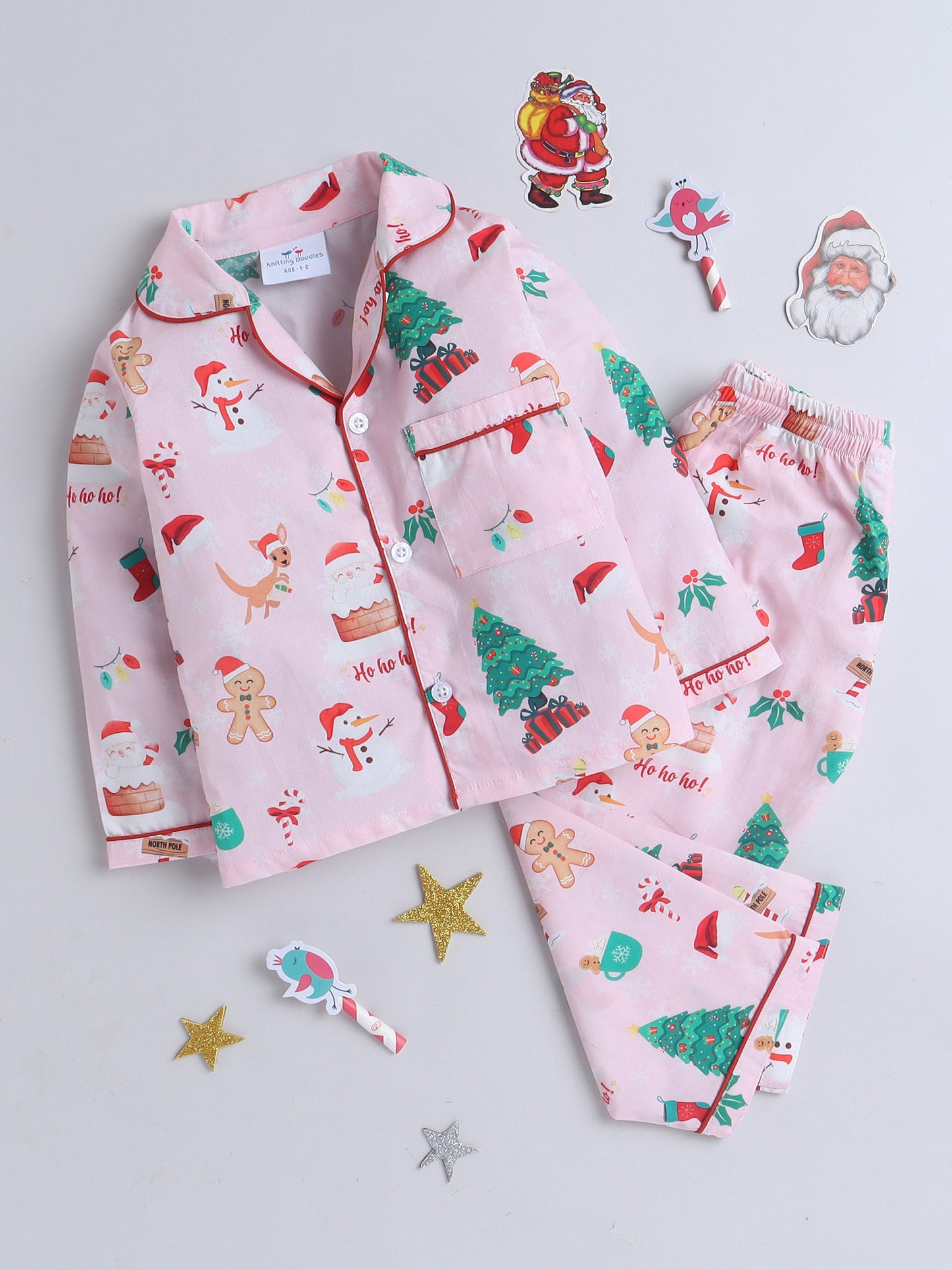 Christmas theme Print Nightsuit- Pink