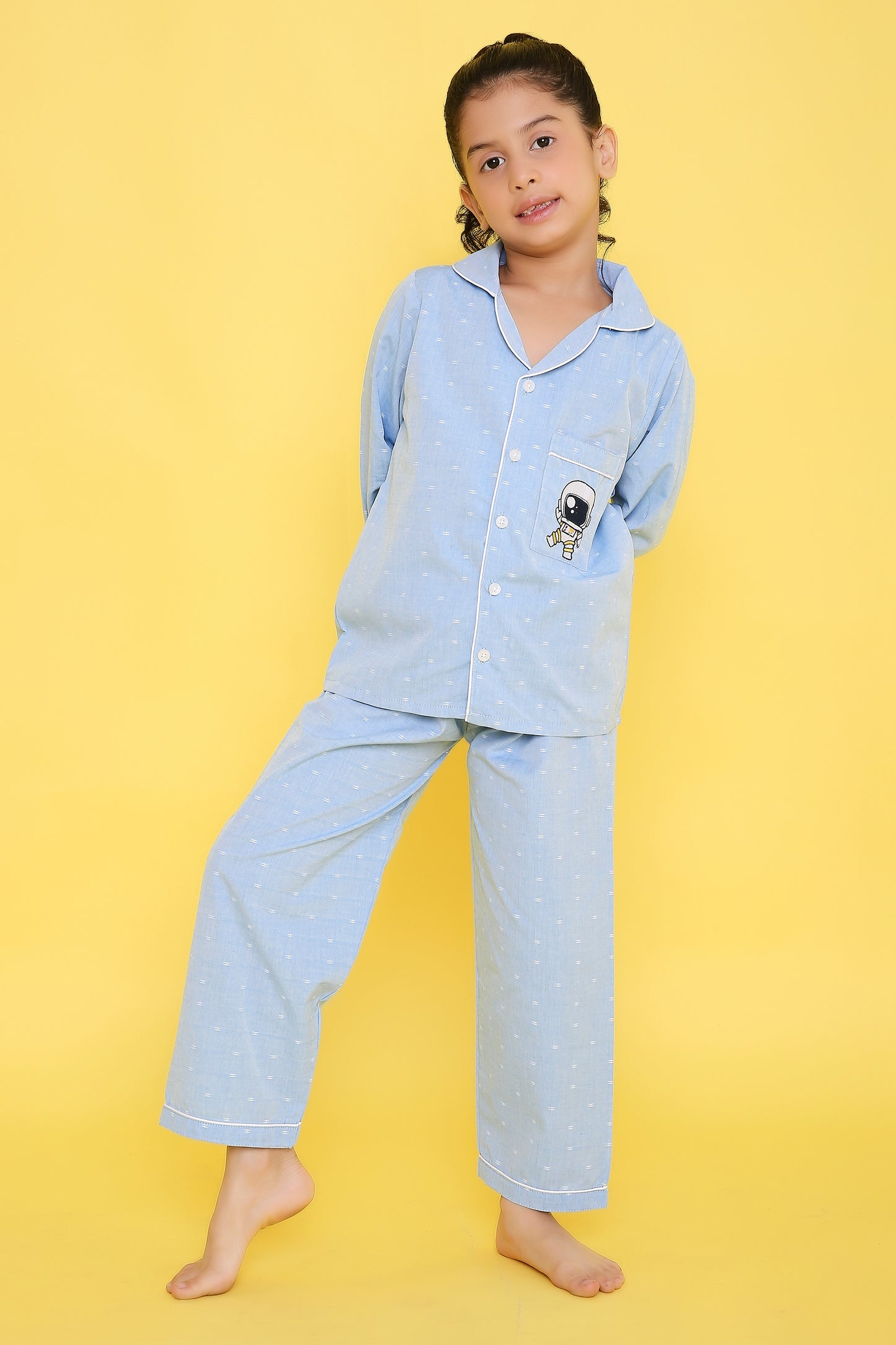 Blue Nightsuit with Astronaut Embrodiery on Pocket