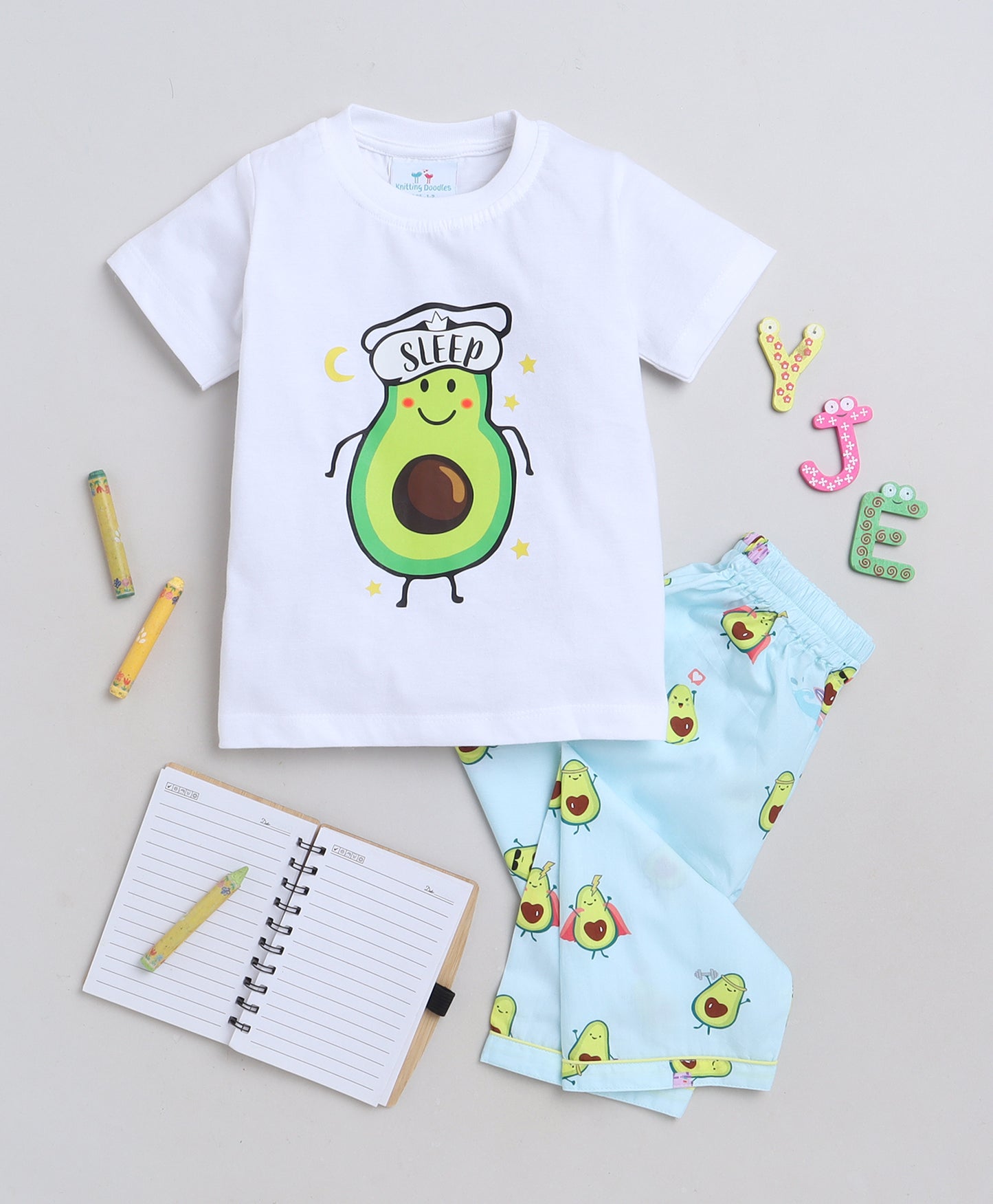 Avcado Print T-shirt and Pyjama- White and Blue