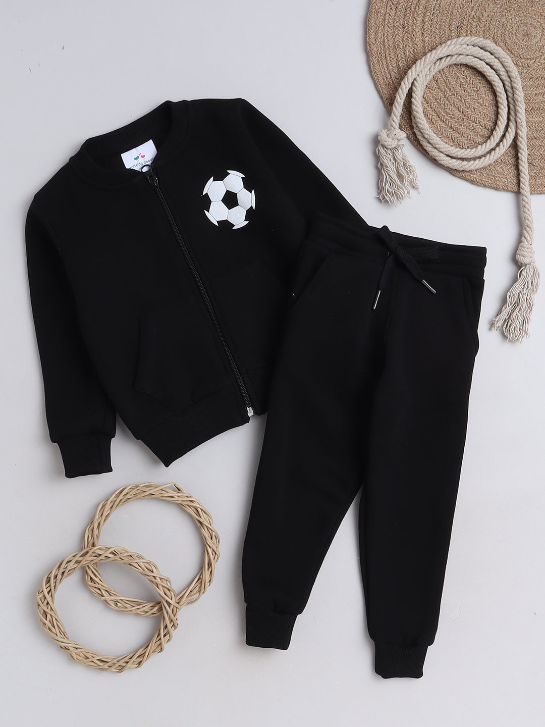 Knitting Doodles Kids' Jogger Set with Warm Fleece and Football Print- Black