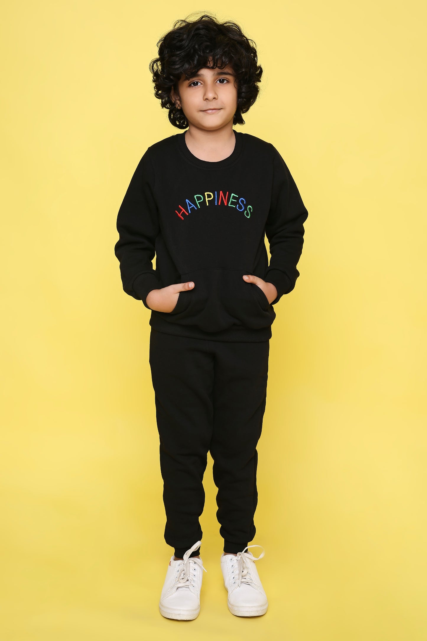 Knitting Doodles Kids' Jogger Set with Warm Fleece and Colourful Happiness Embroidery- Black