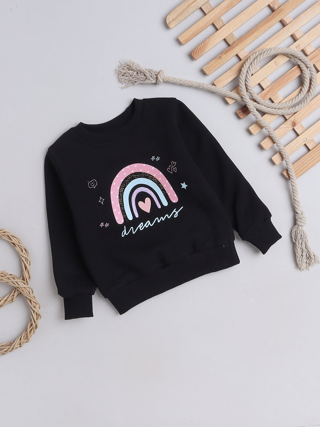 Knitting Doodles Kids' Sweat Shirt with Warm Fleece and Smart Rainbow print- Black