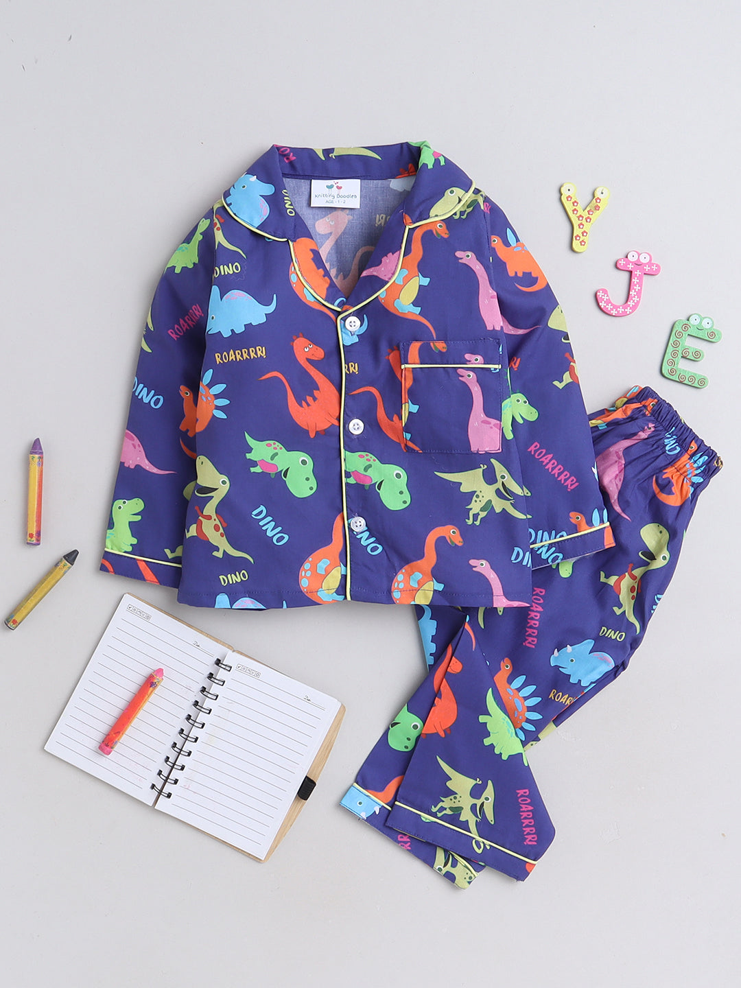 Dinosaurs Print Night Suit- Dark Blue