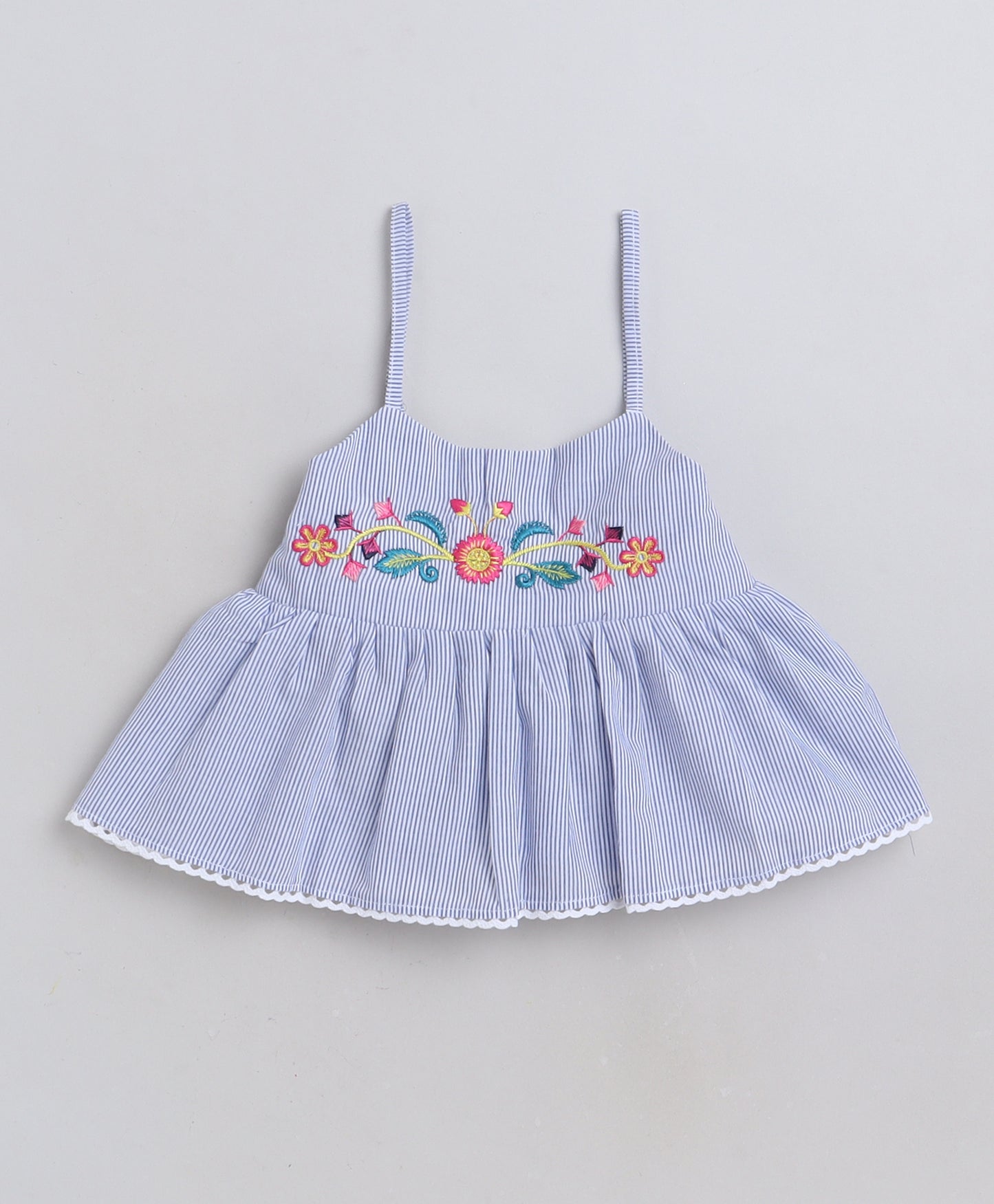 Knitting Doodles Premium Cotton Girls' Stripes Coordset with paper bag pants and crop top with Smart Floral embroidery on yolk- Blue and white