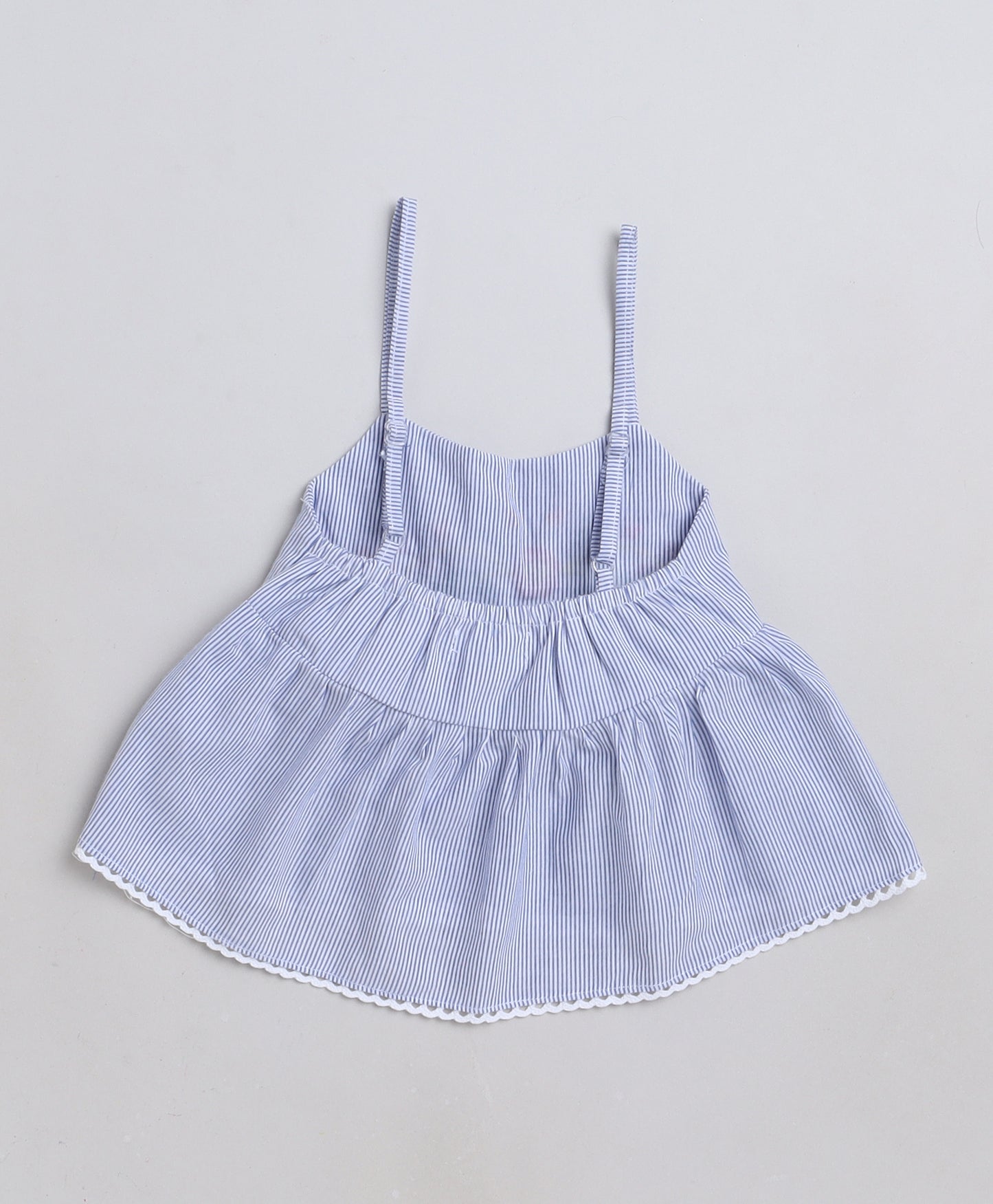Knitting Doodles Premium Cotton Girls' Stripes Coordset with paper bag pants and crop top with Smart Floral embroidery on yolk- Blue and white