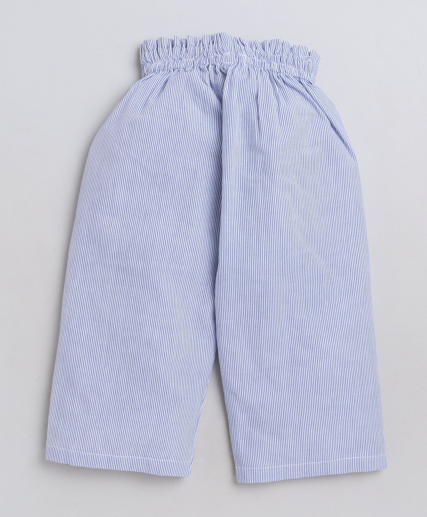 Knitting Doodles Premium Cotton Girls' Stripes Coordset with paper bag pants and crop top with Smart Floral embroidery on yolk- Blue and white