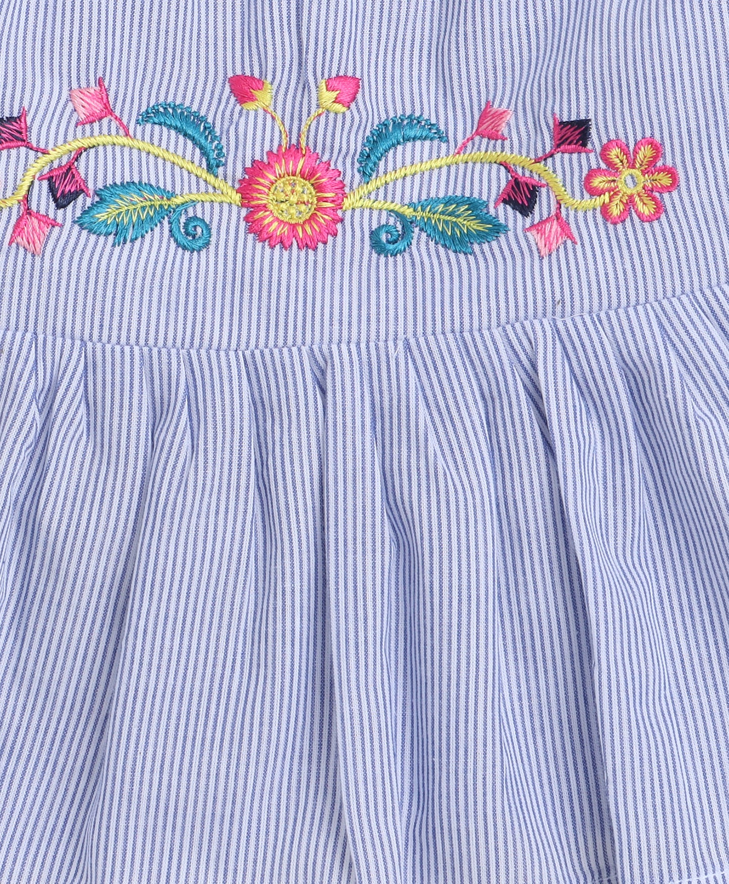 Knitting Doodles Premium Cotton Girls' Stripes Coordset with paper bag pants and crop top with Smart Floral embroidery on yolk- Blue and white