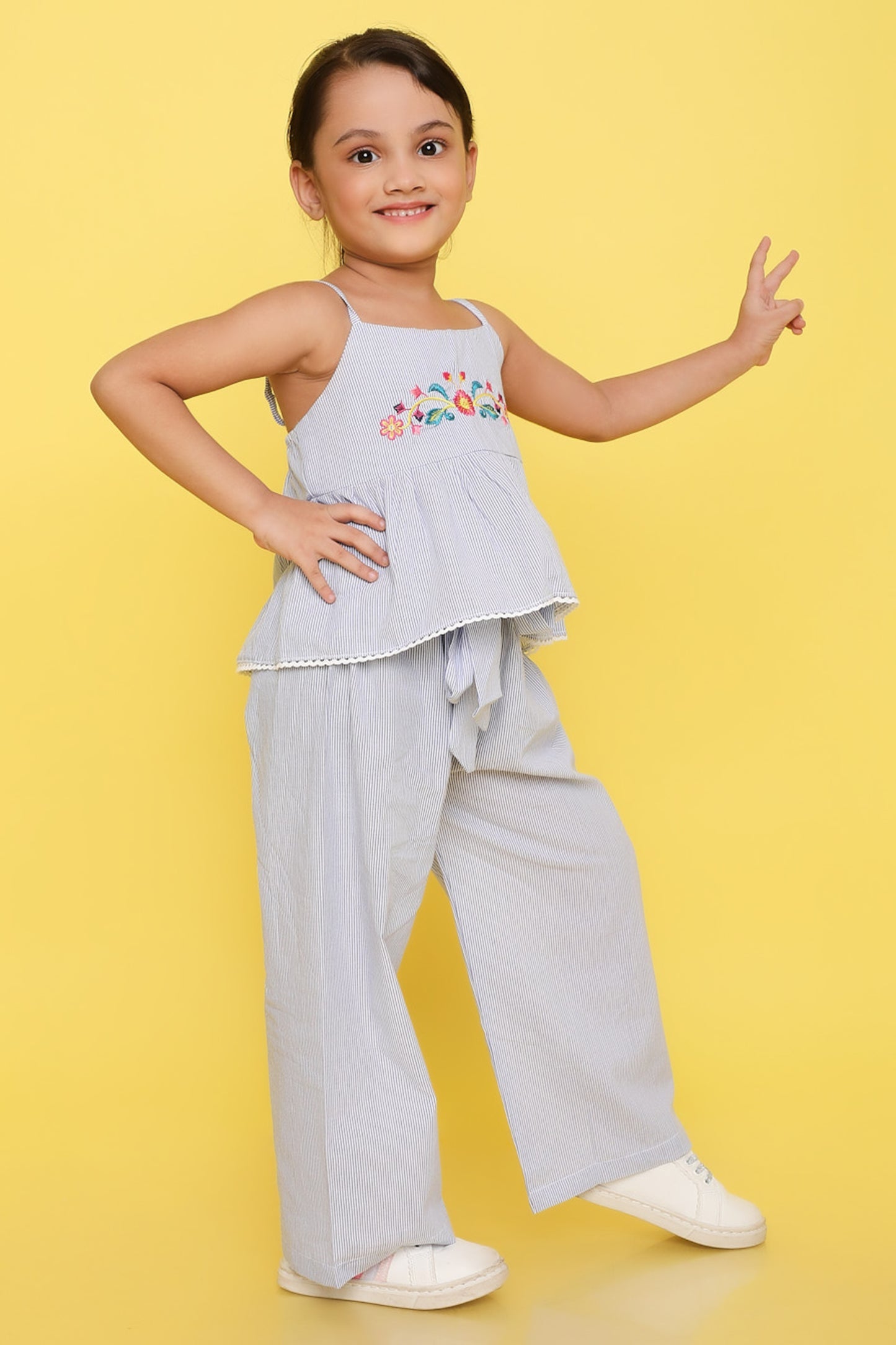 Knitting Doodles Premium Cotton Girls' Stripes Coordset with paper bag pants and crop top with Smart Floral embroidery on yolk- Blue and white