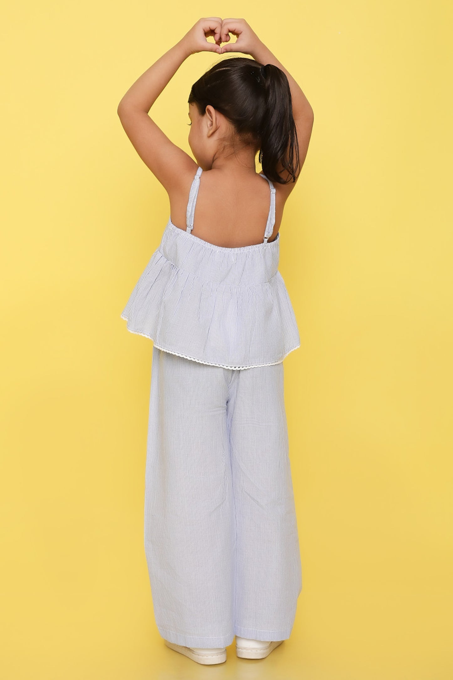Knitting Doodles Premium Cotton Girls' Stripes Coordset with paper bag pants and crop top with Smart Floral embroidery on yolk- Blue and white