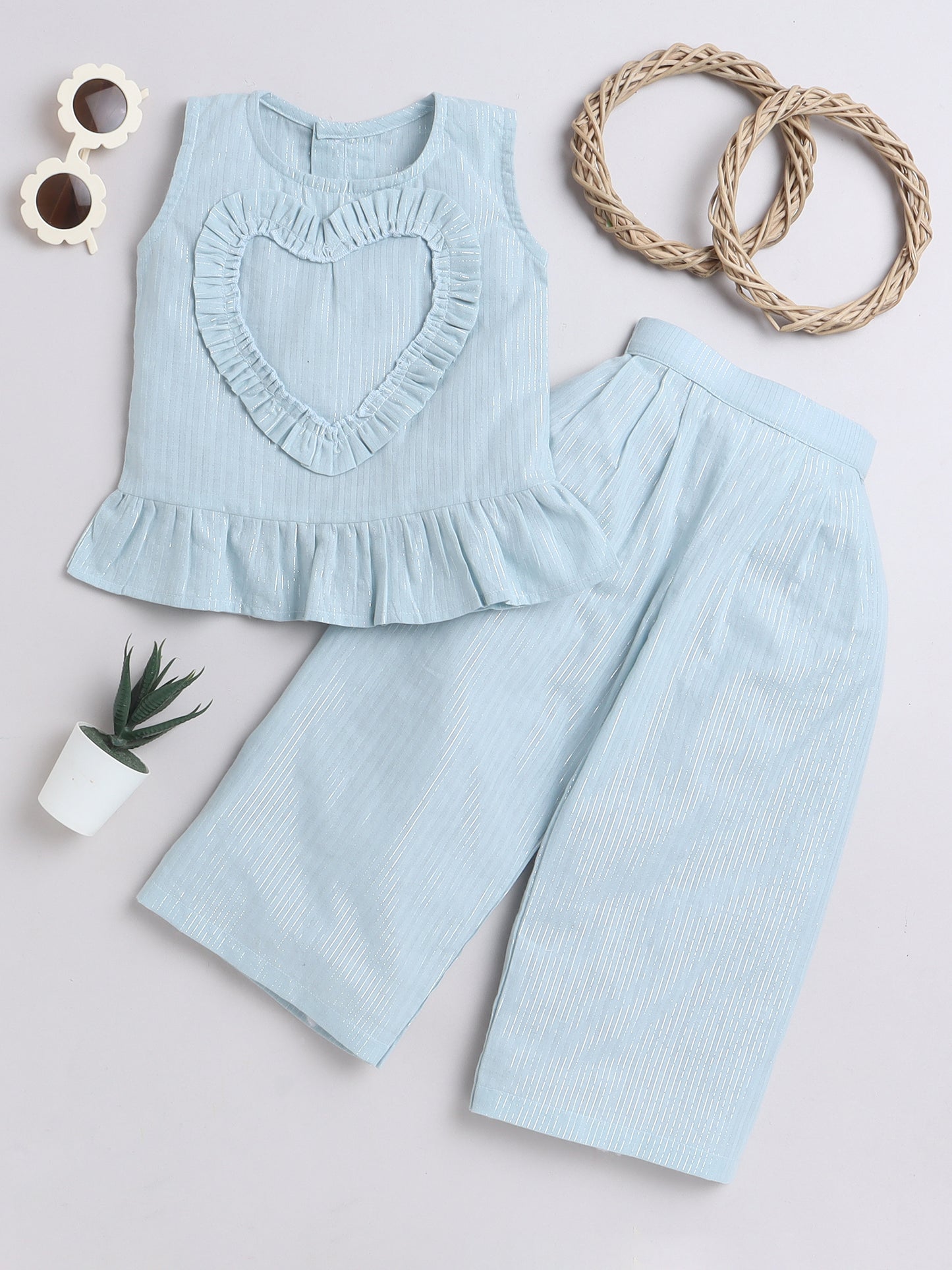 Blue Coord set with heart detailing on the Top and Pleated Pants