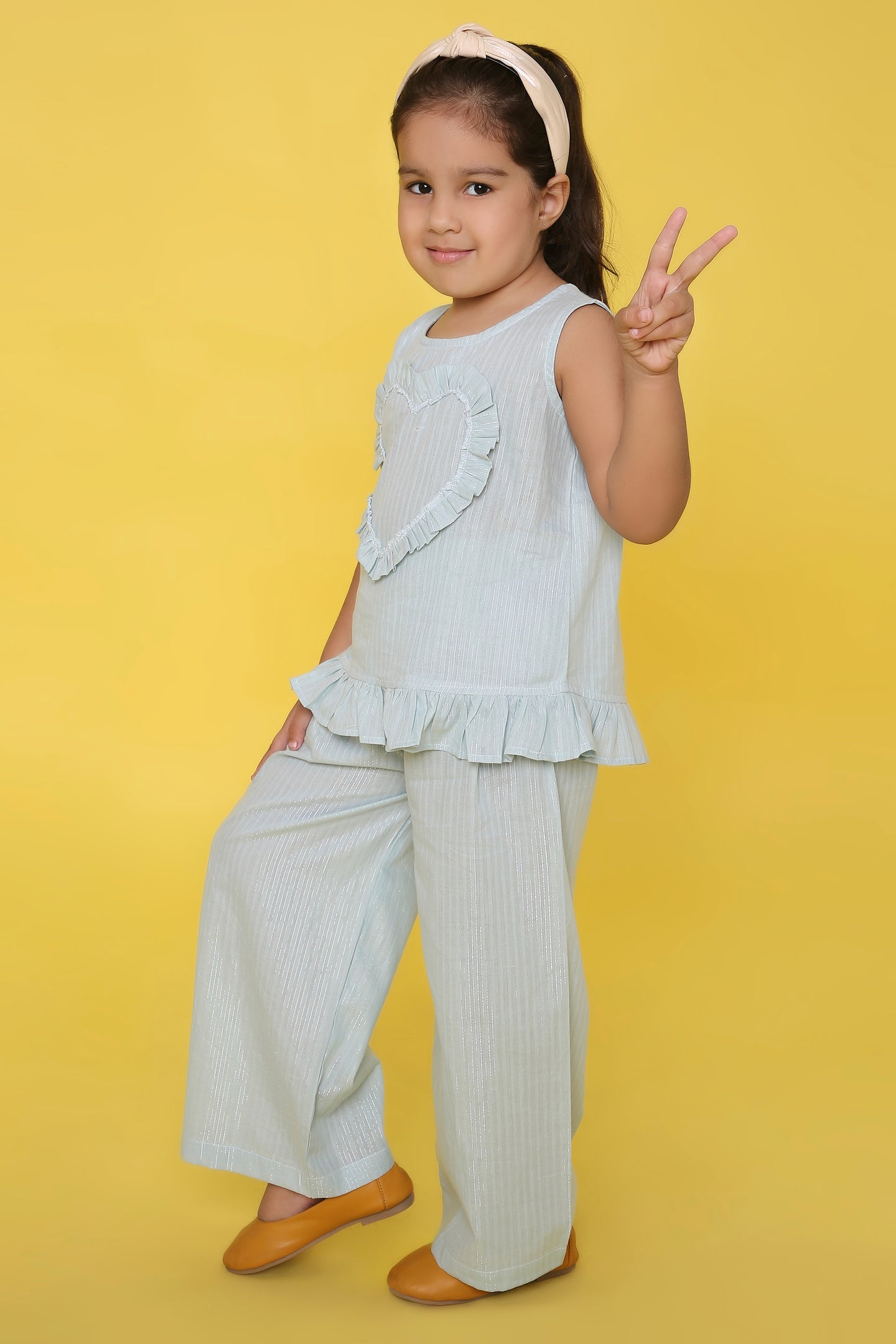 Blue Coord set with heart detailing on the Top and Pleated Pants