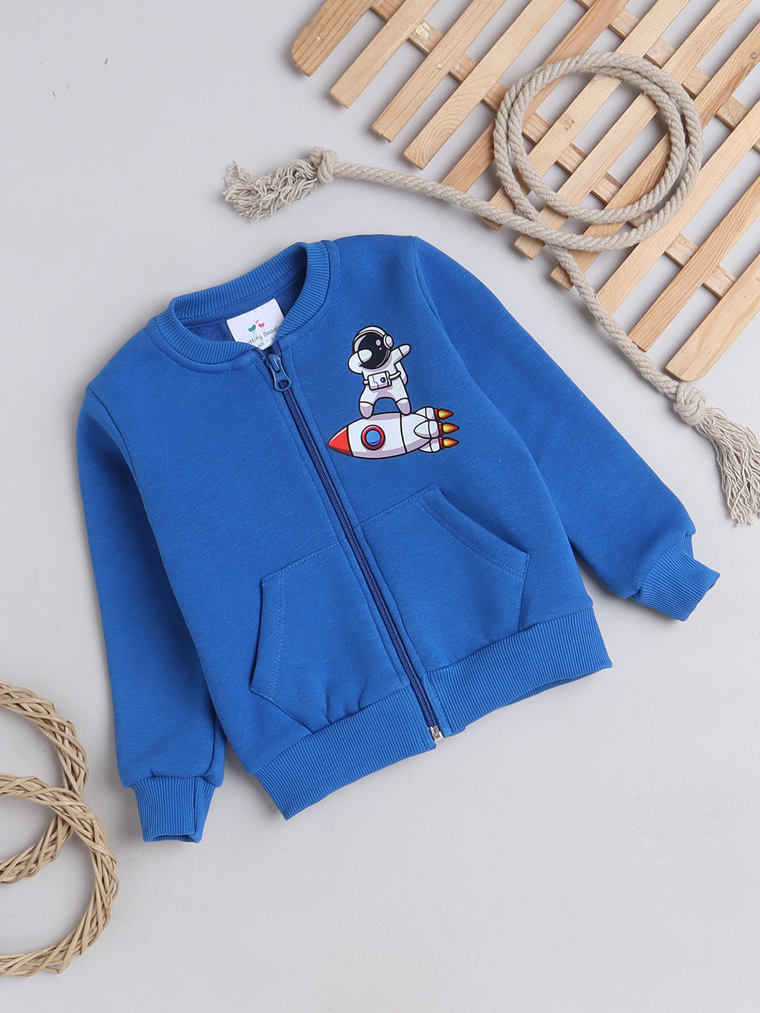 Knitting Doodles Kids' Jacket with Warm Fleece and Smart Rocket Print- Blue