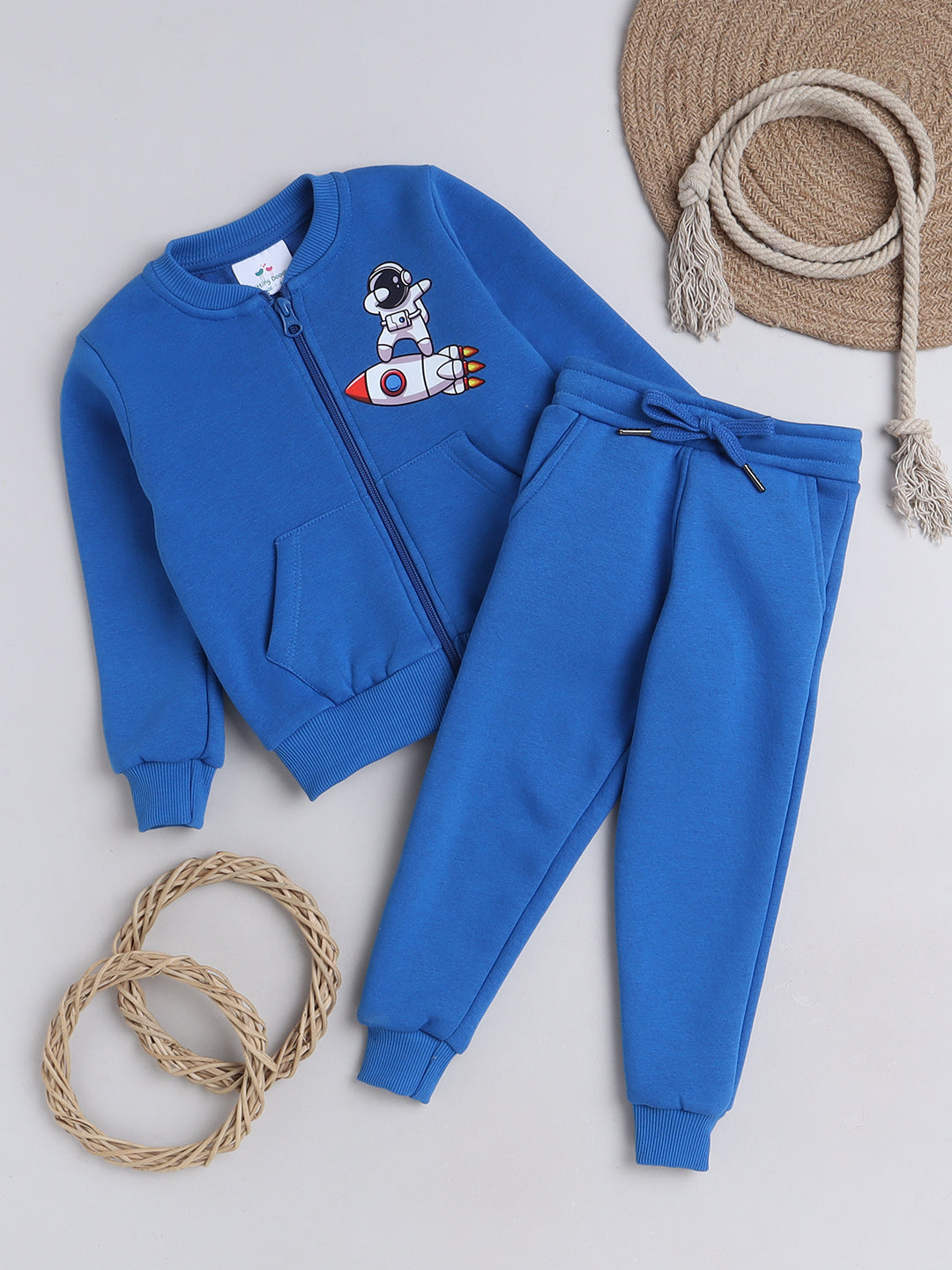 Knitting Doodles Kids' Jogger Set with Warm Fleece and Smart Rocket Print- Blue