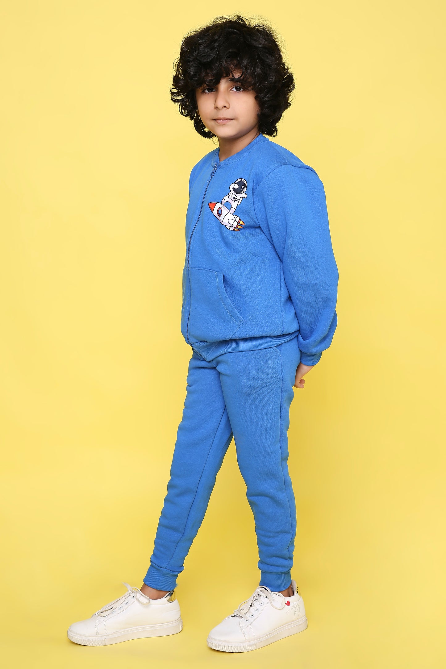 Knitting Doodles Kids' Jogger Set with Warm Fleece and Smart Rocket Print- Blue