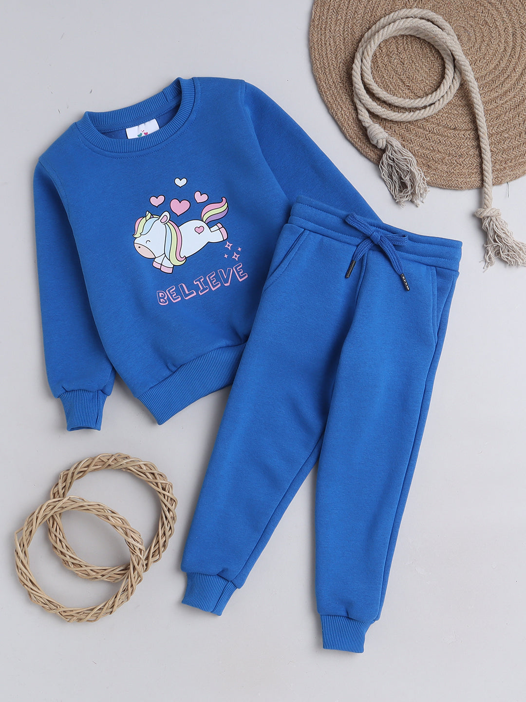 Knitting Doodles Kids' Jogger Set with Warm Fleece and cute Unicorn Print- Blue