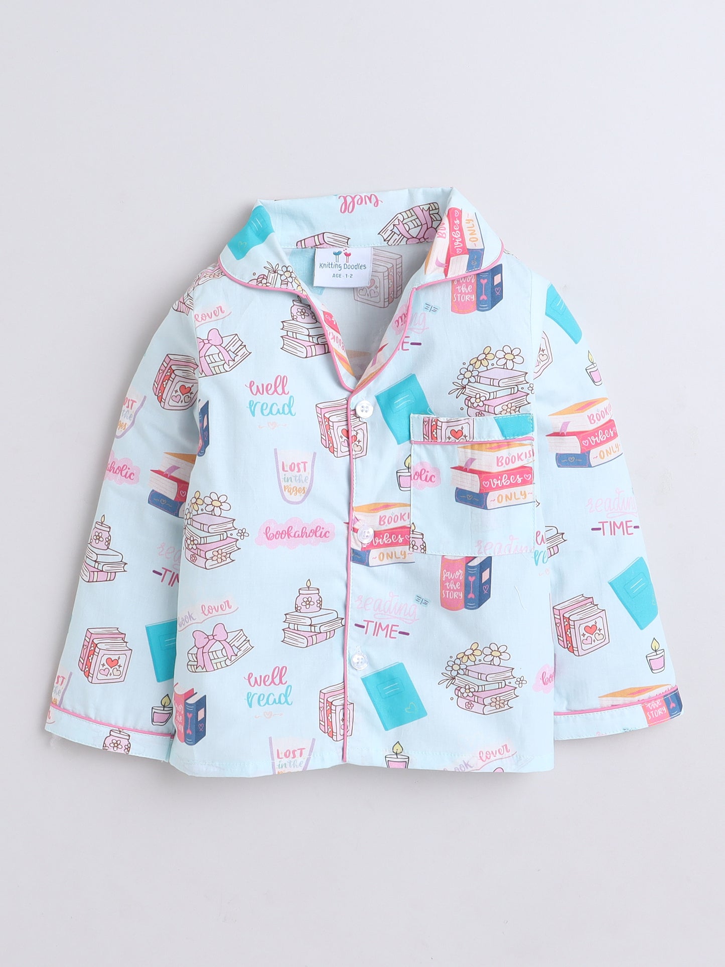 Books Print Nightsuit- Light Blue