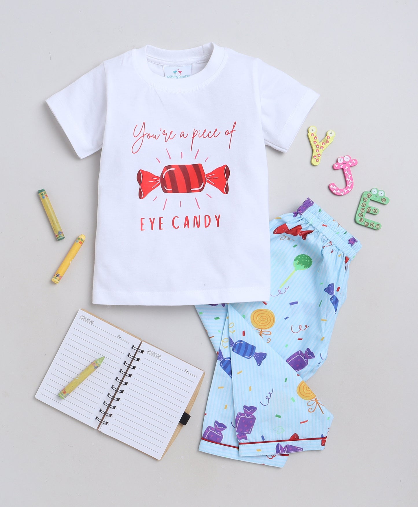 Candy Print T-shirt and Pyjama- White and Blue