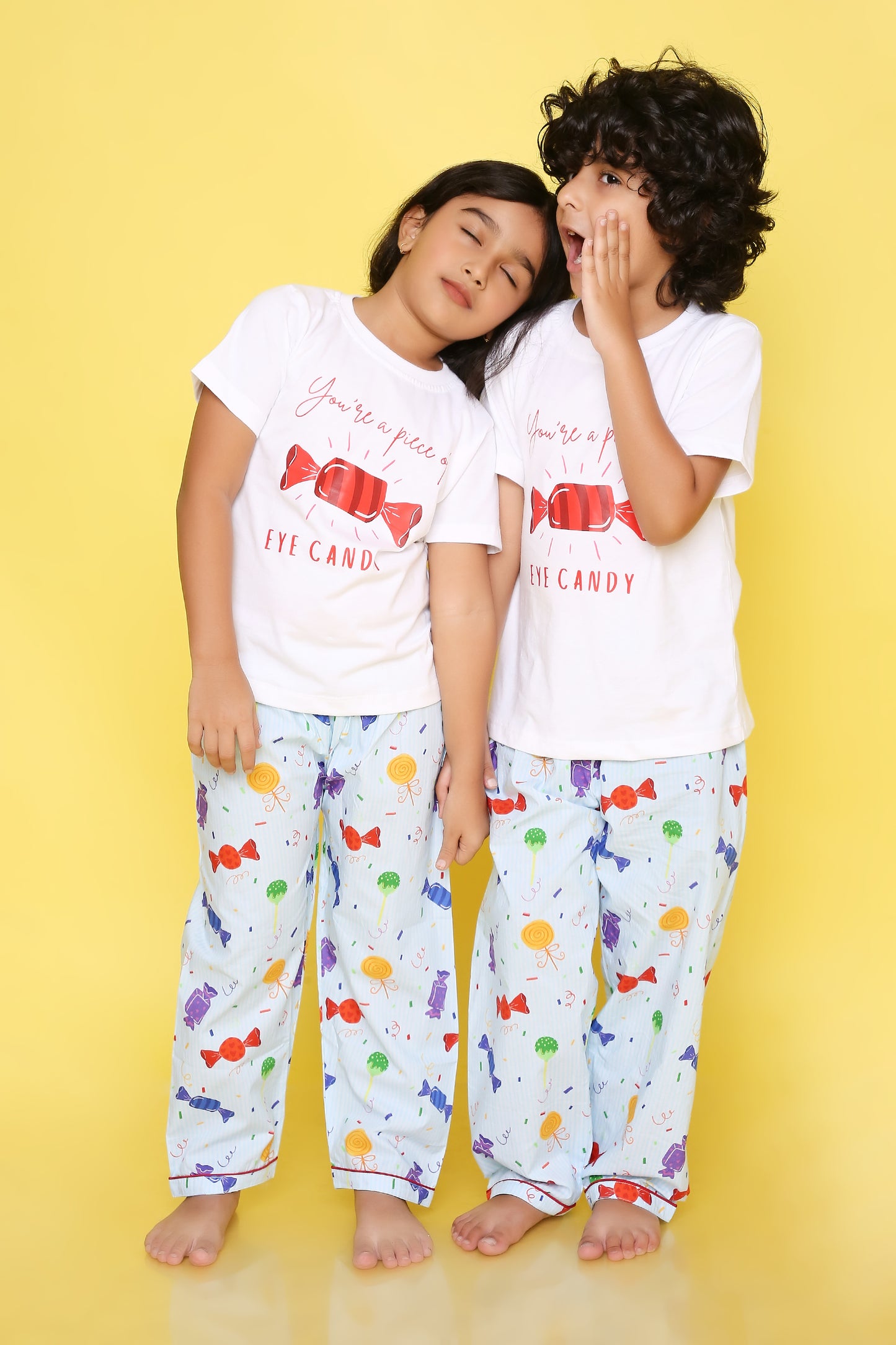 Candy Print T-shirt and Pyjama- White and Blue