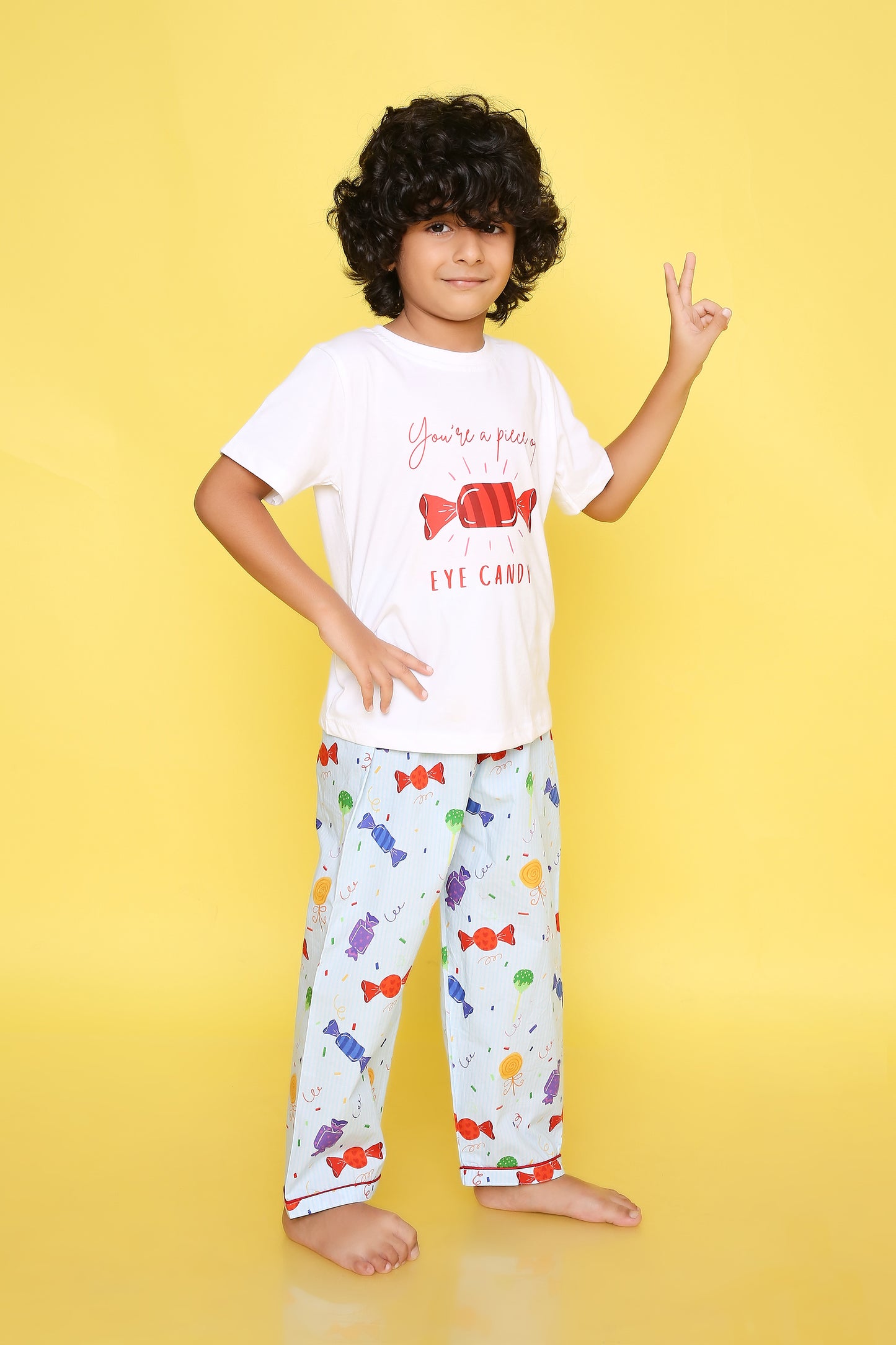 Candy Print T-shirt and Pyjama- White and Blue