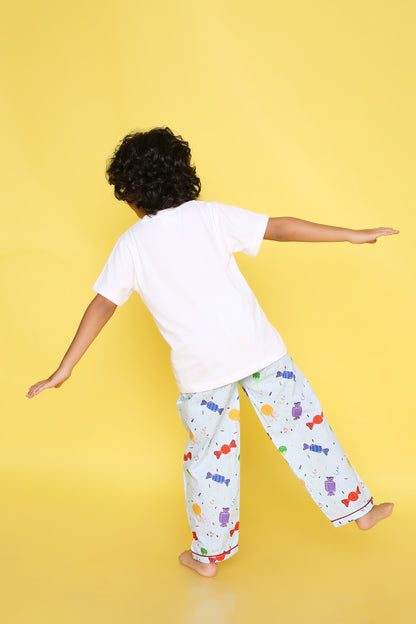 Candy Print T-shirt and Pyjama- White and Blue