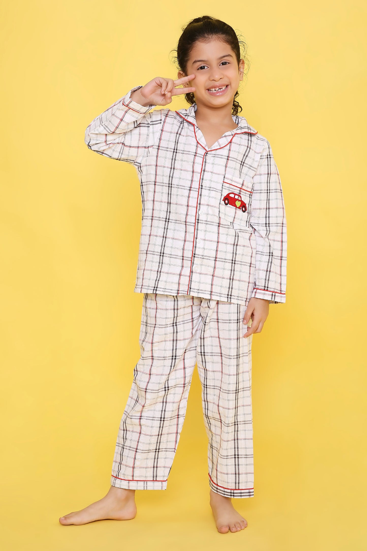 White and Black Checks Nightsuit with Car Embrodiery on Pocket