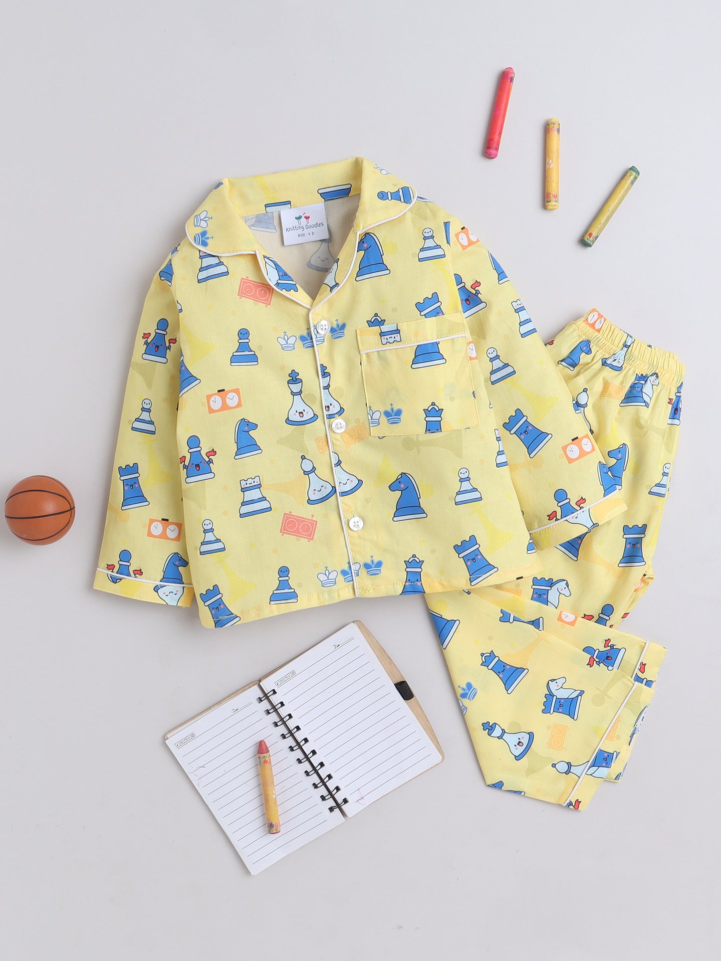 Chess Print Nightsuit- Yellow