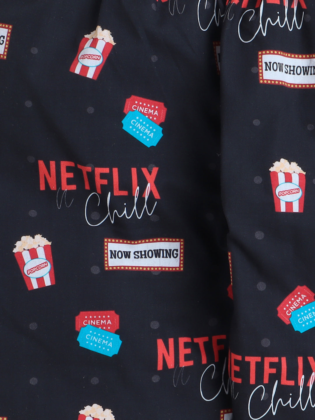 Popcorns and Movie Print Night Suit- Black