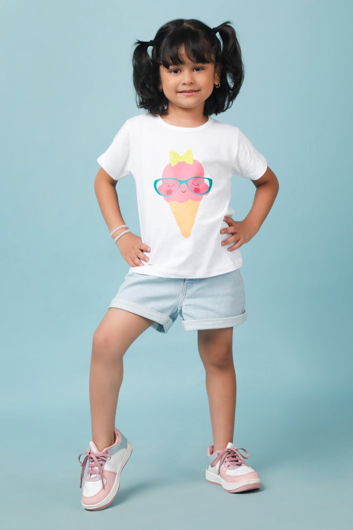 Knitting Doodles Pure cotton Girls' White t-shirt with Cute Icecream print- White