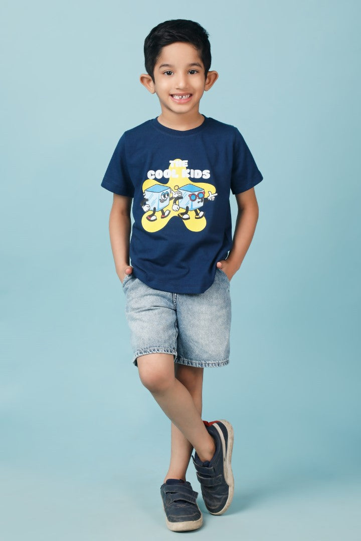 Knitting Doodles Pure cotton Boys' Blue t-shirt with Cool Kids print- Blue