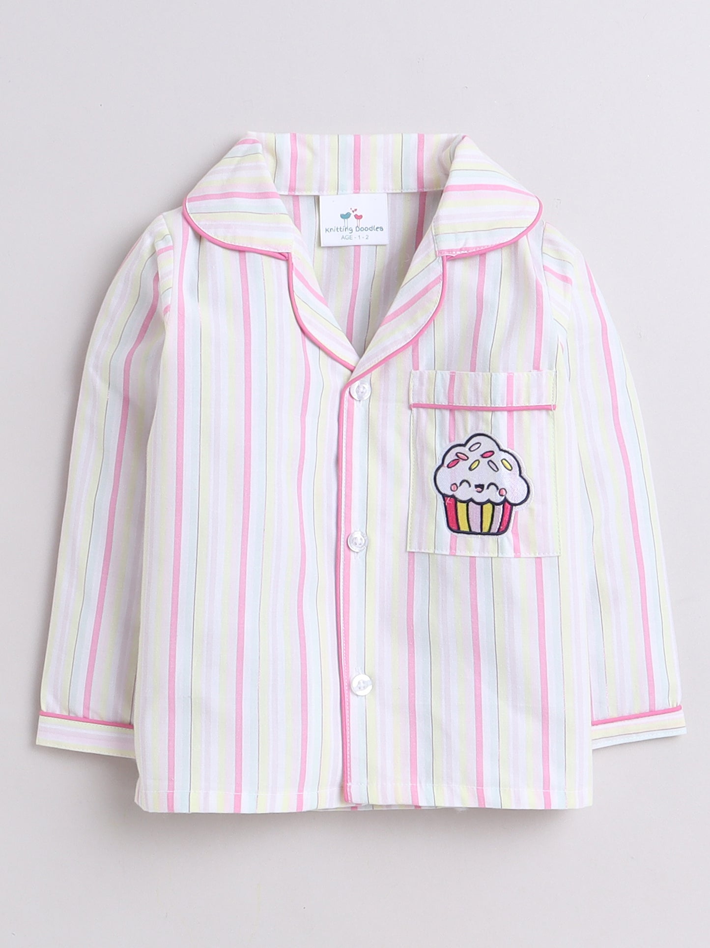 White and Pink Stripes Nightsuit with Cupcake Embrodiery on Pocket