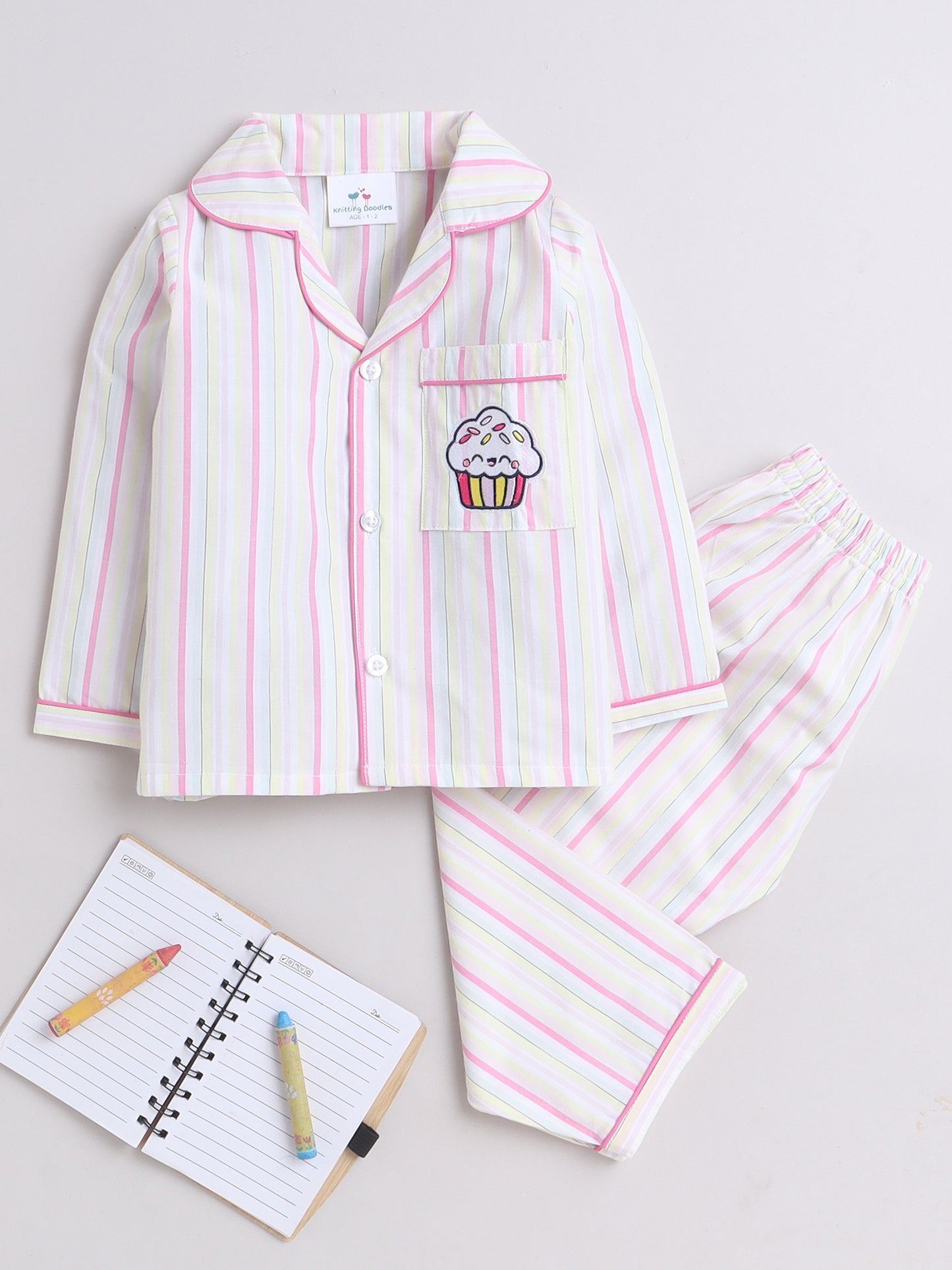 White and Pink Stripes Nightsuit with Cupcake Embrodiery on Pocket