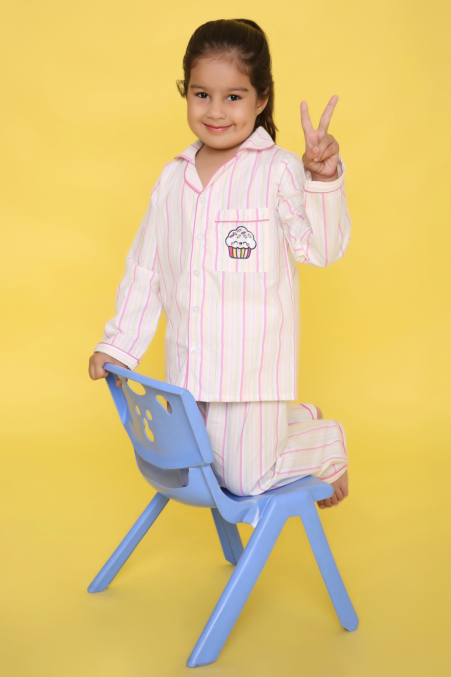 White and Pink Stripes Nightsuit with Cupcake Embrodiery on Pocket