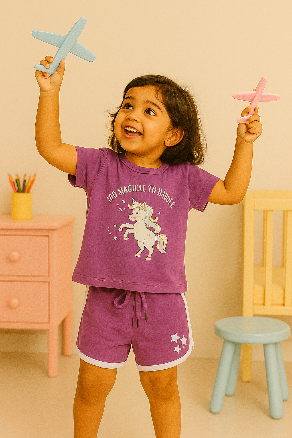 Girls' Cotton Playday Shorts Set with Cute Print- Purple