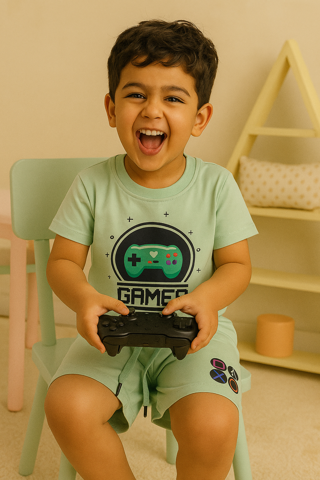 Boys' Cotton Playday Shorts Set with Fun Gamer Print- Sea Green