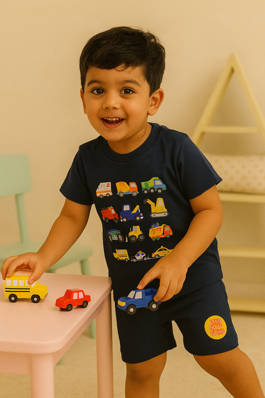 Boys' Cotton Playday Shorts Set with Cute Vehicles Print- Navy