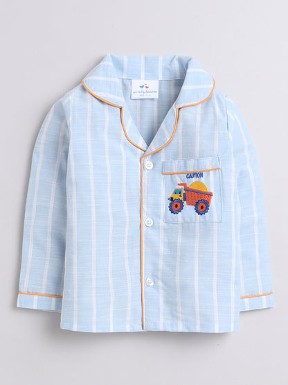Blue and White Stripes Nightsuit with Digger Truck Embroidery on Pocket