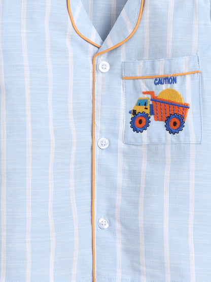 Blue and White Stripes Nightsuit with Digger Truck Embroidery on Pocket