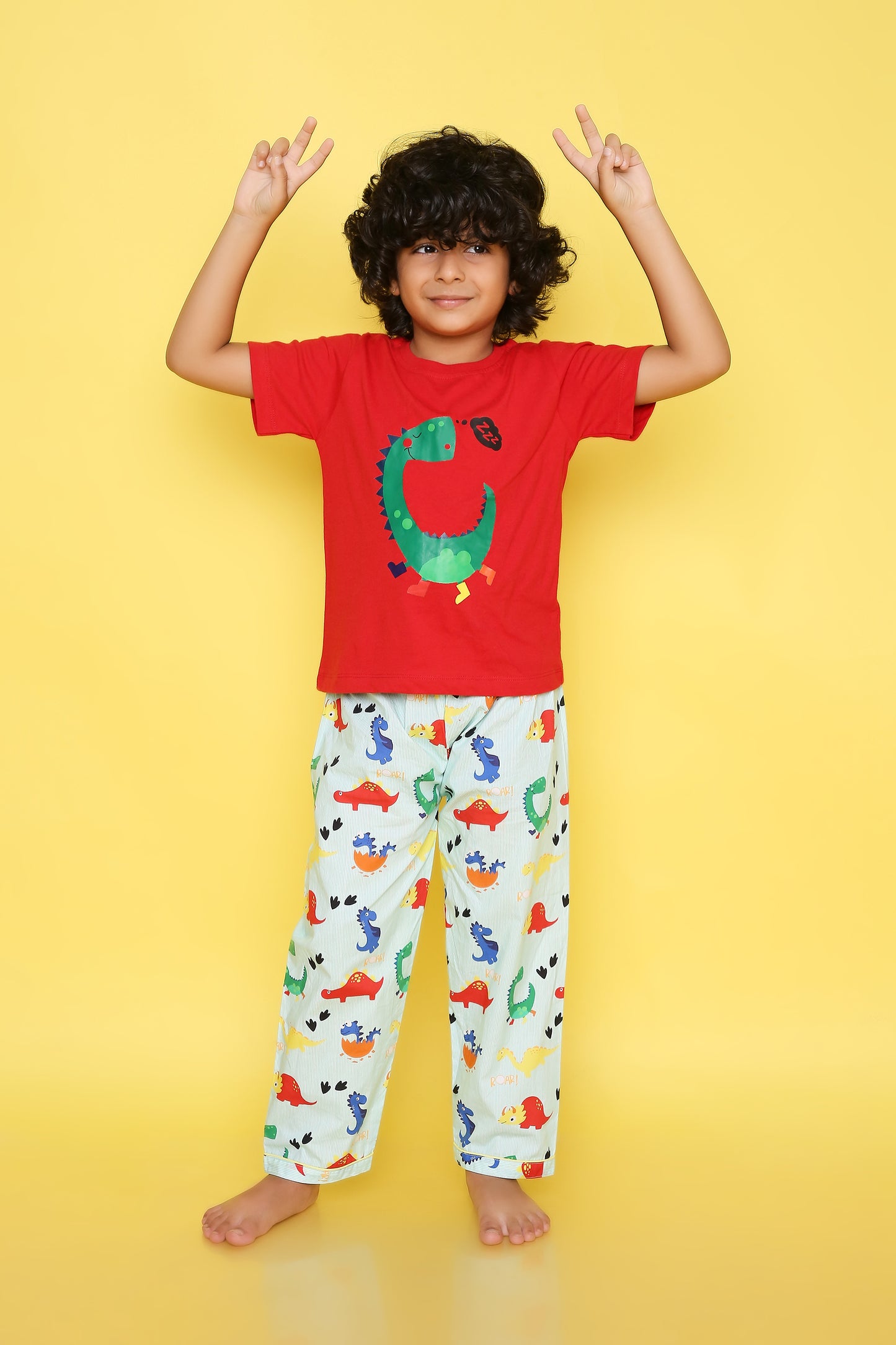 Dinosaurs Print T-shirt and Pyjama- Red and Green