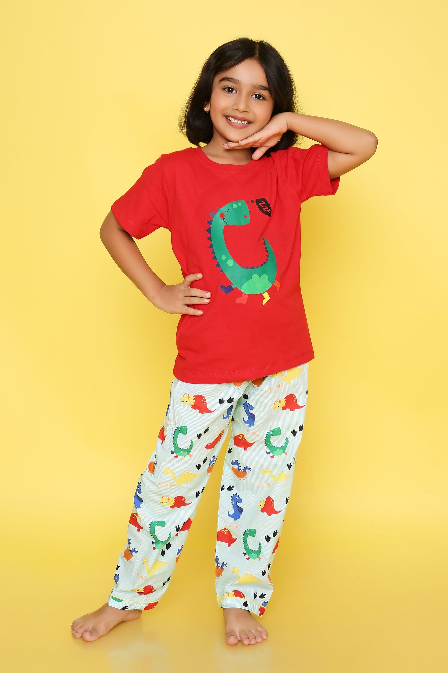 Dinosaurs Print T-shirt and Pyjama- Red and Green