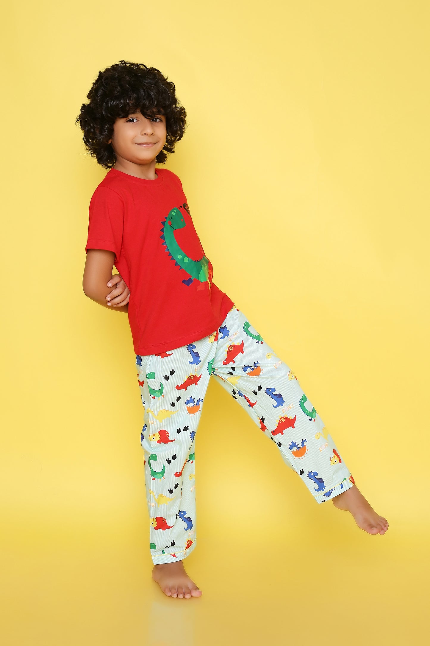 Dinosaurs Print T-shirt and Pyjama- Red and Green