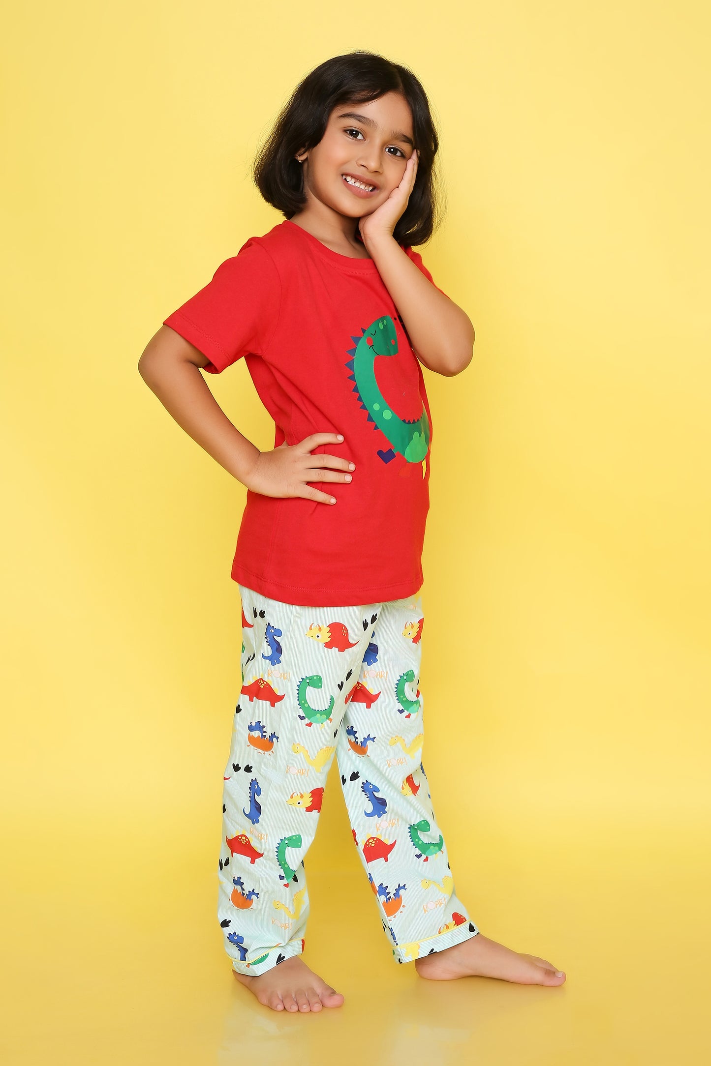 Dinosaurs Print T-shirt and Pyjama- Red and Green