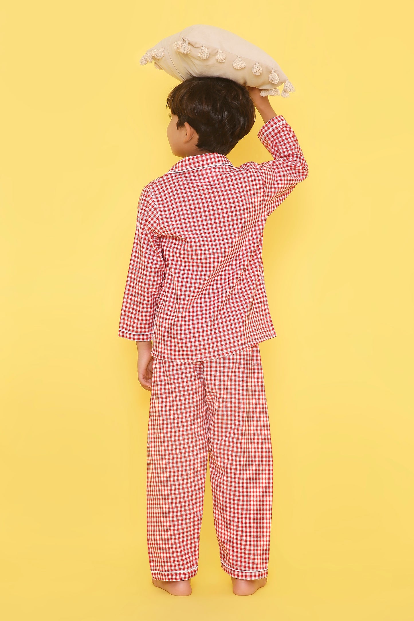 Red And White Checks Night Suit With Cute Fire Brigade Embroidery On Pocket