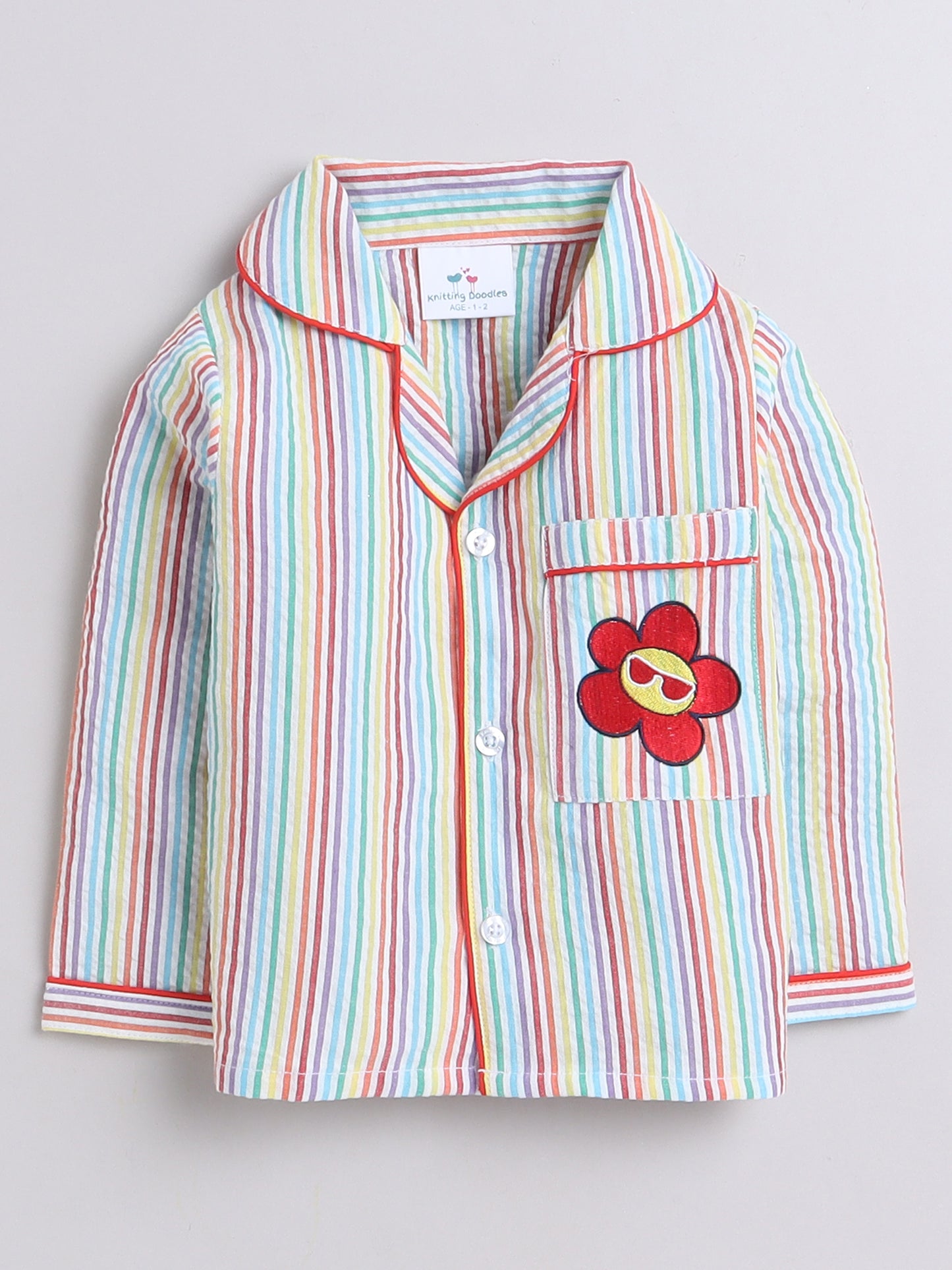 Multi-Coloured Stripes Nightsuit with Flower Embroidery on Pocket