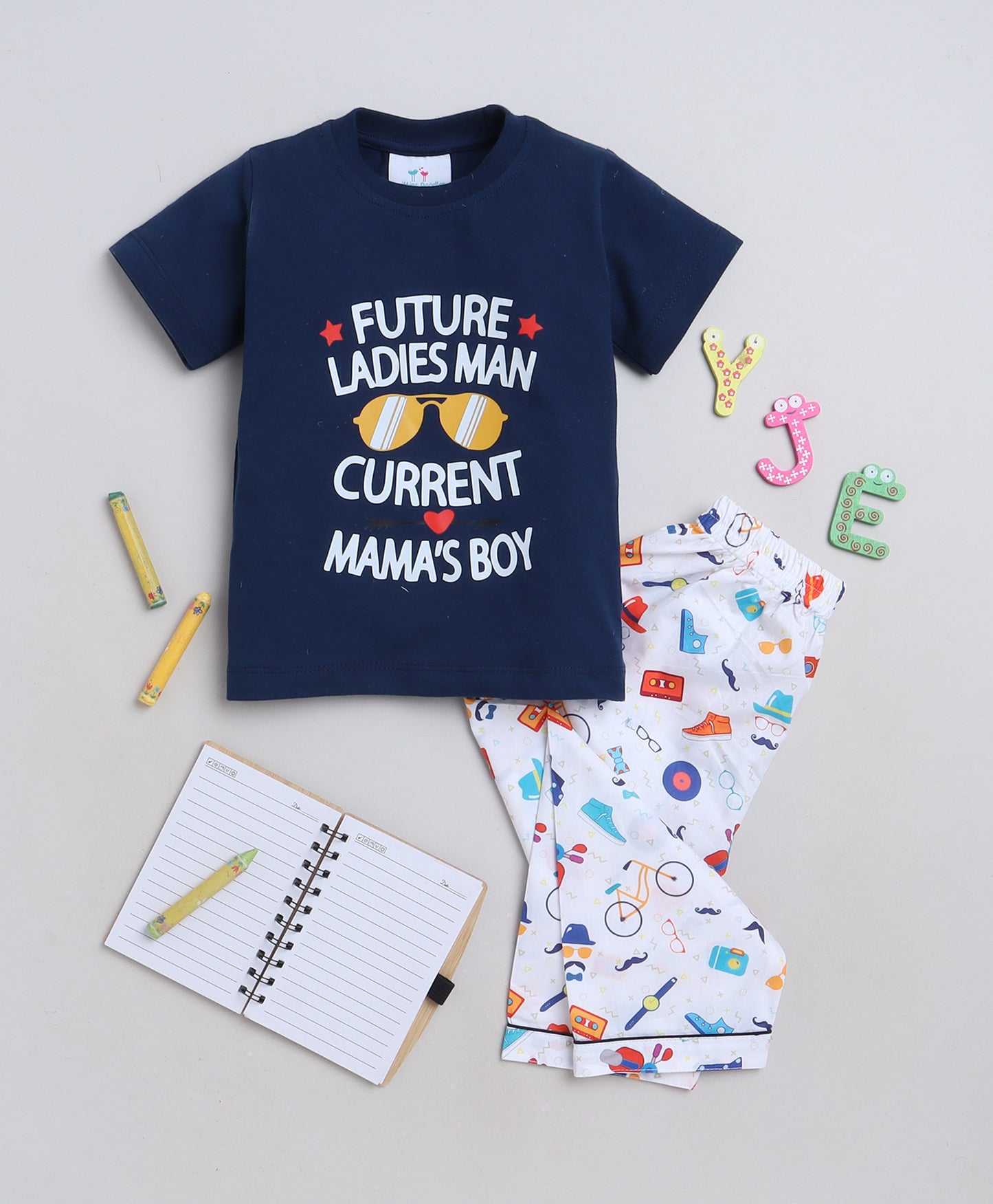 Mama's Boy Print T-shirt and Pyjama- Blue and White