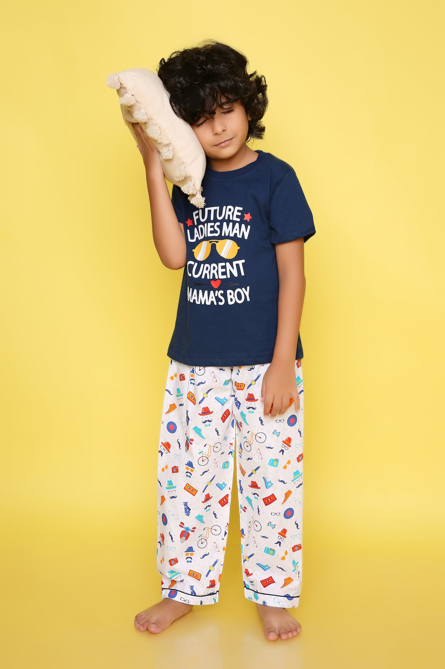 Mama's Boy Print T-shirt and Pyjama- Blue and White