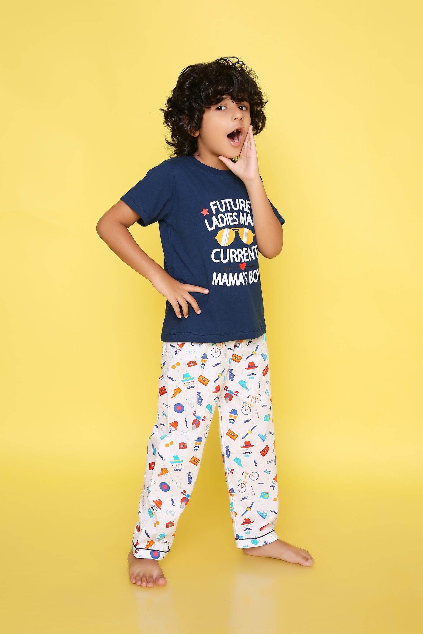 Mama's Boy Print T-shirt and Pyjama- Blue and White