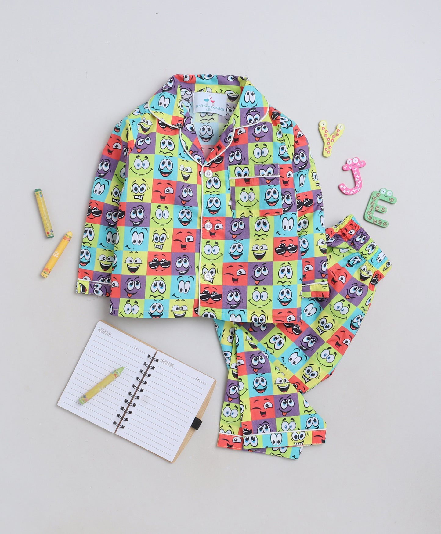 Knitting Doodles Premium cotton Kids' Notched Collar Night suit in smart Funny Faces Print- Multi