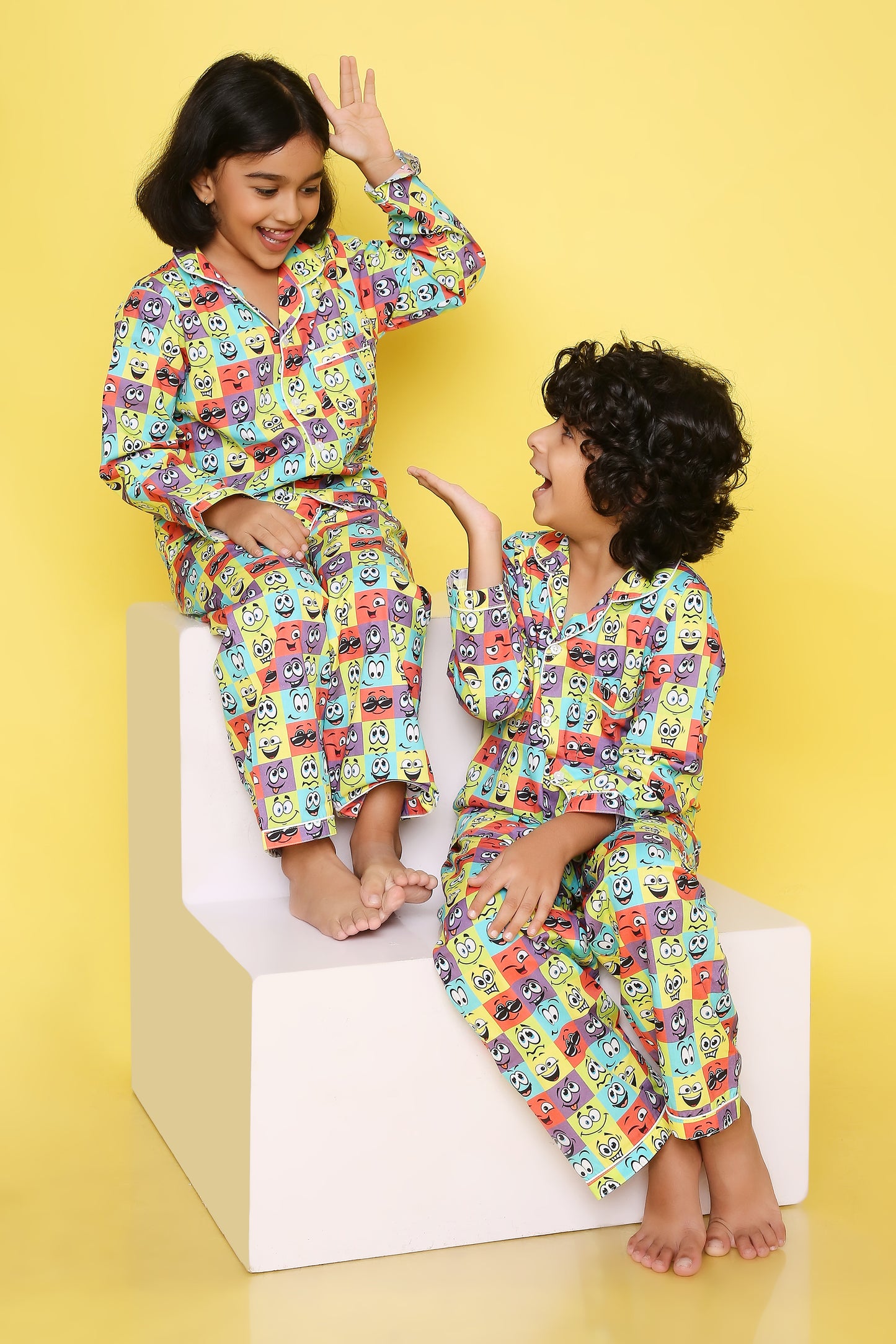 Knitting Doodles Premium cotton Kids' Notched Collar Night suit in smart Funny Faces Print- Multi