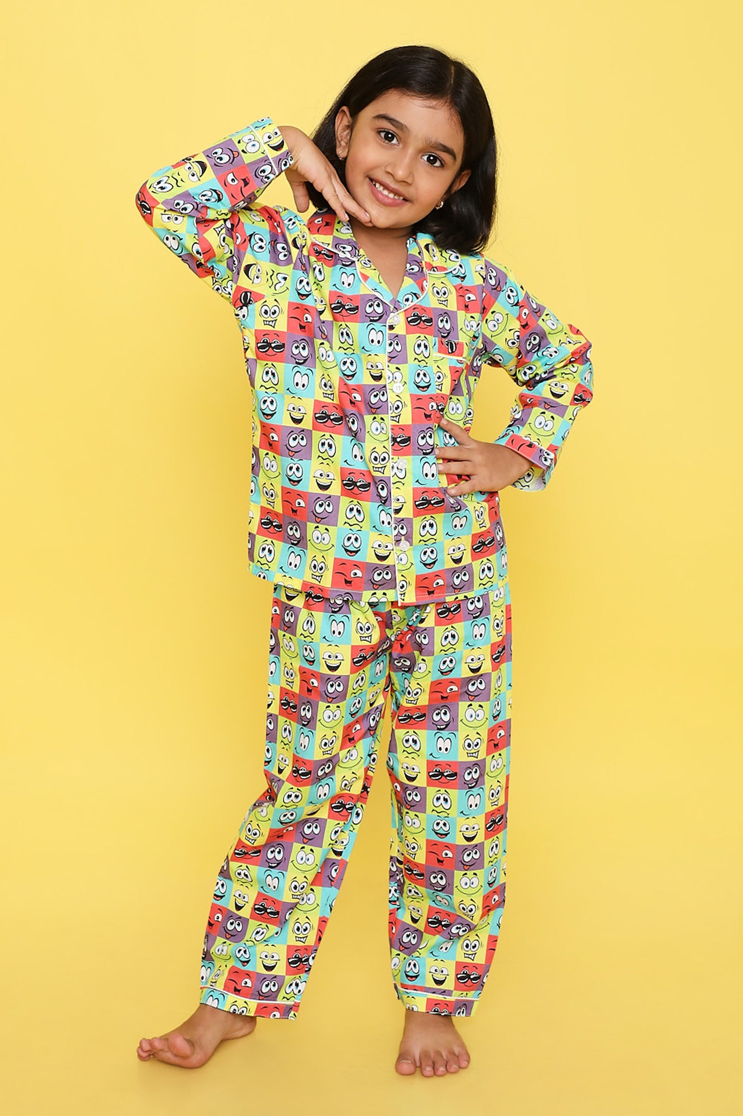 Knitting Doodles Premium cotton Kids' Notched Collar Night suit in smart Funny Faces Print- Multi