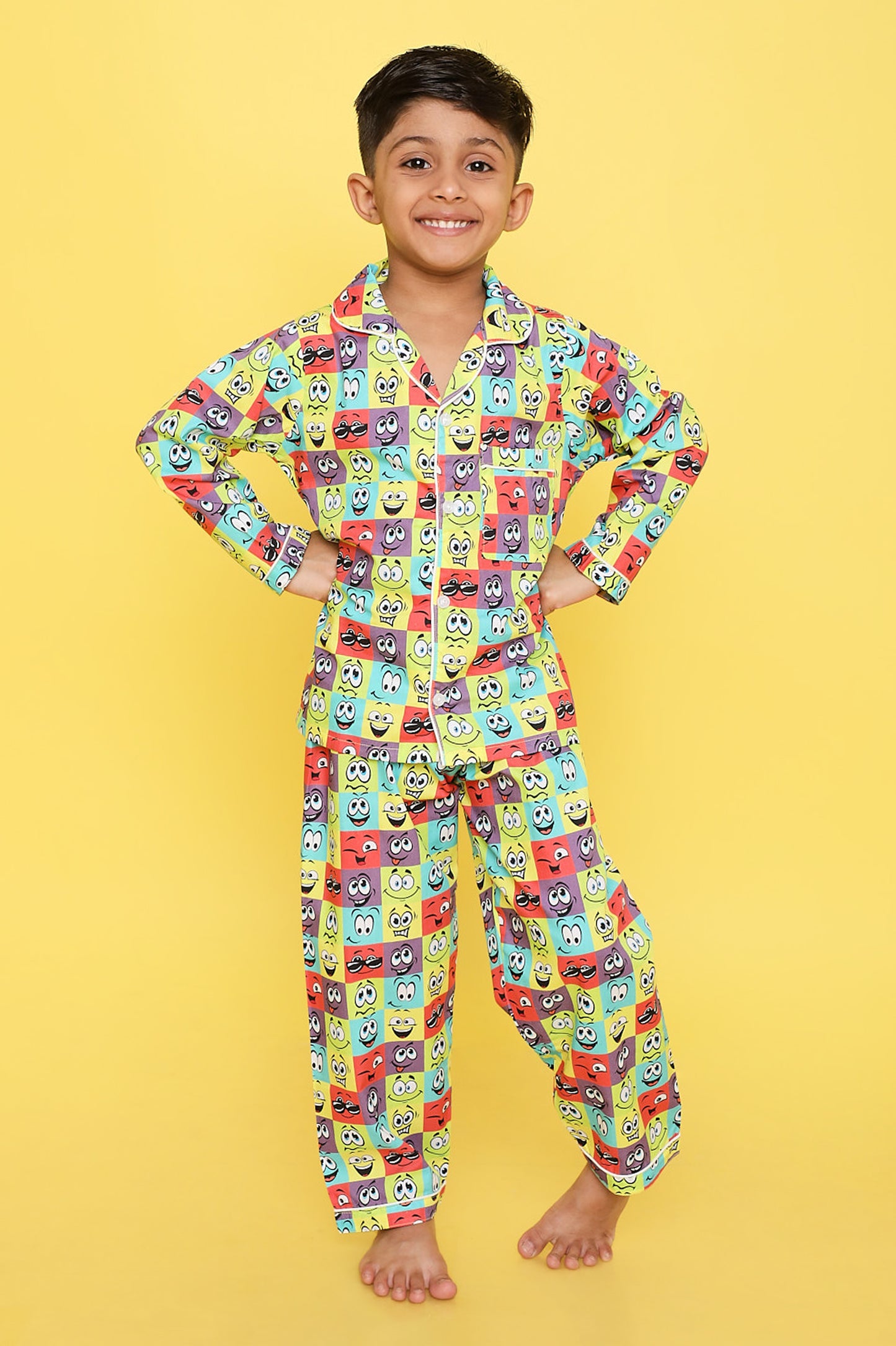 Knitting Doodles Premium cotton Kids' Notched Collar Night suit in smart Funny Faces Print- Multi